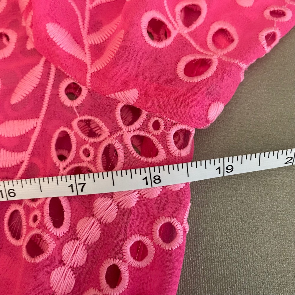 Hot Pink Eyelet Embroidery Button Front Maxi Dress Collared 3/4 Sleeve Scalloped - Picture 6 of 7